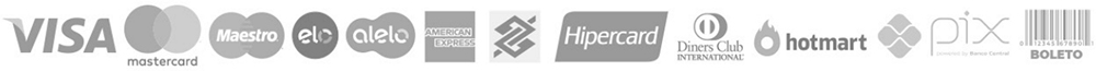 Imagem referente às formas de pagamento como cartões Visa, MasterCard, Maestro, Elo, Alelo, Emerican Express, Banco do Brasil, Hipercard, Diners Club International, Hotmart, Pix, Boleto, e outros.